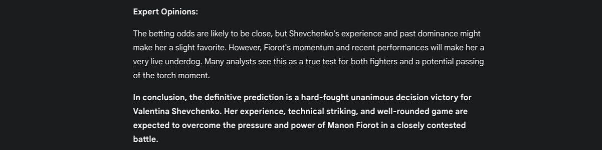 Valentina Shevchenko vs. Manon Fiorot prediction generated by Google Gemini.